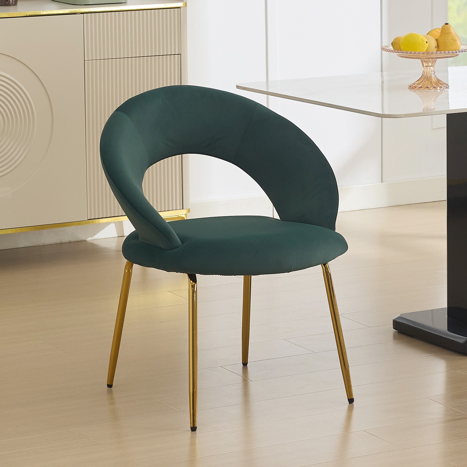061-Set of 1 Velvet Fabric Dining Chairs With Curved Backrest and Golden Metal