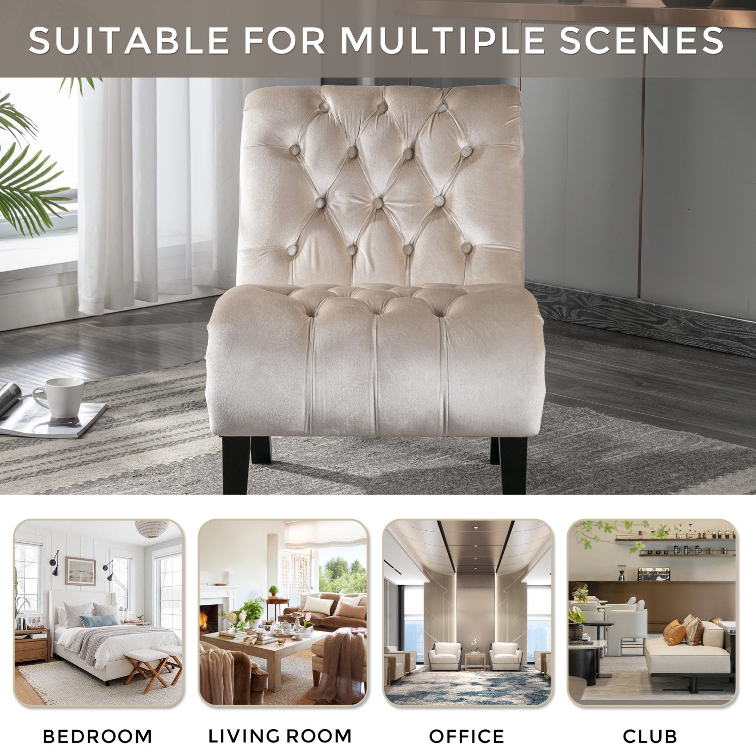 Armless Velvet Tufted Accent Chair Lounge Chair w/ Solid Wood Legs for Apartment