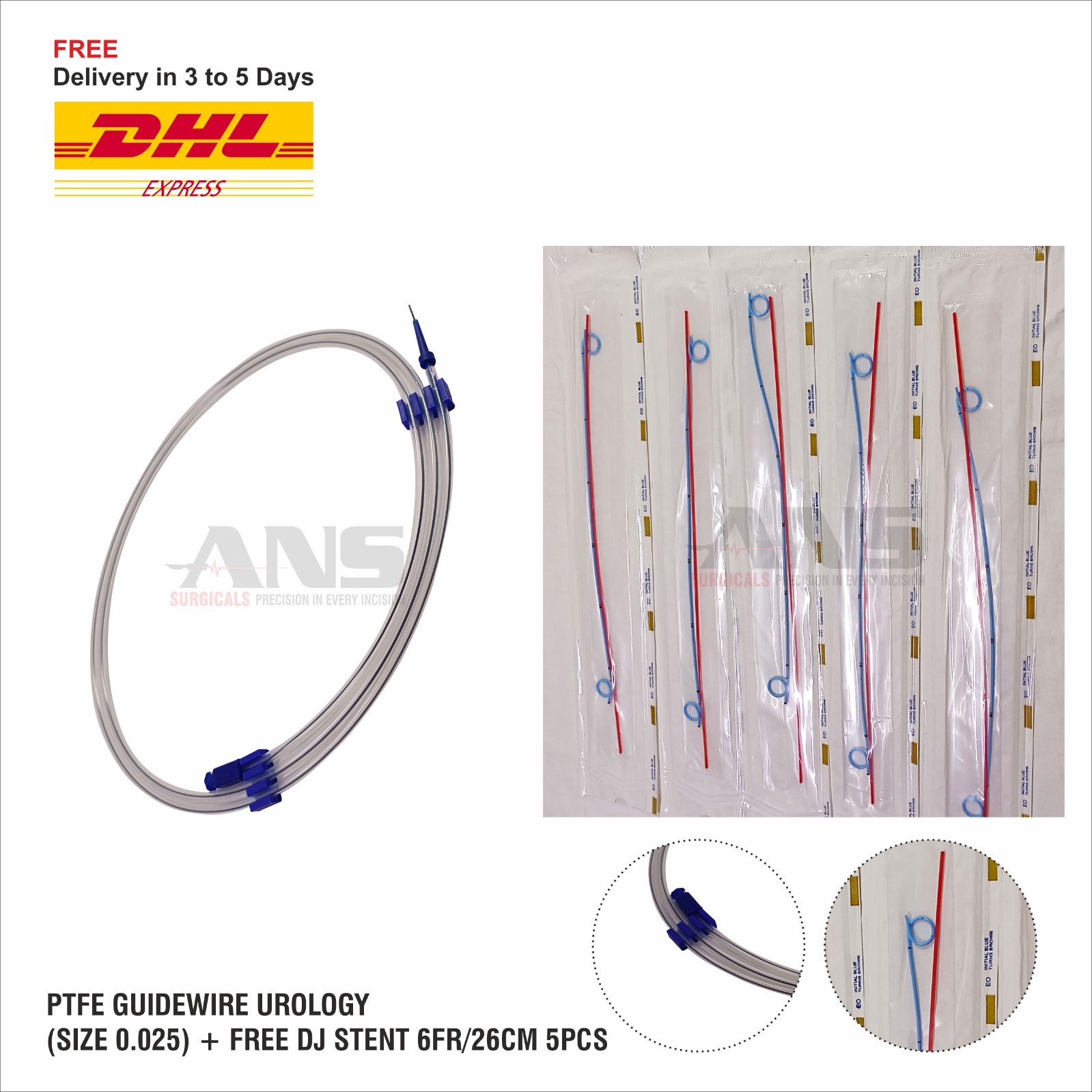 ANS PTFE Guidewire Urology (Size 0.025) + FREE DJ Stent 6fr/26cm 5pcs