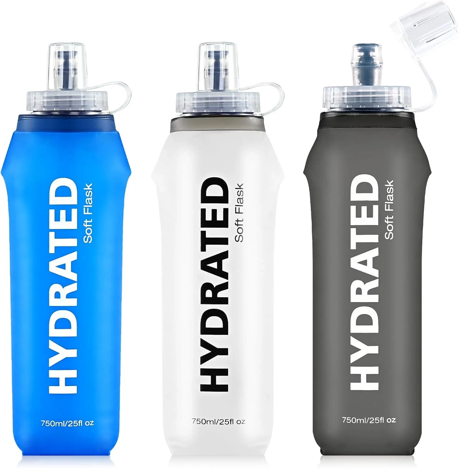 3 Pack Soft Water Bottle, 25oz/750ml Flask Running Bottles for Hydration Packs,