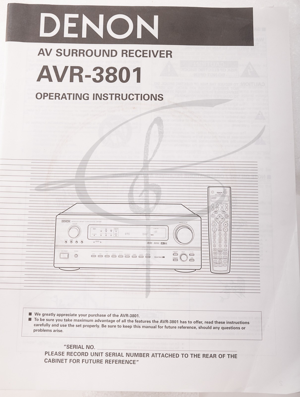 OEM DENON AV SURROUNMD RECEIVER MANUAL AVR=3801