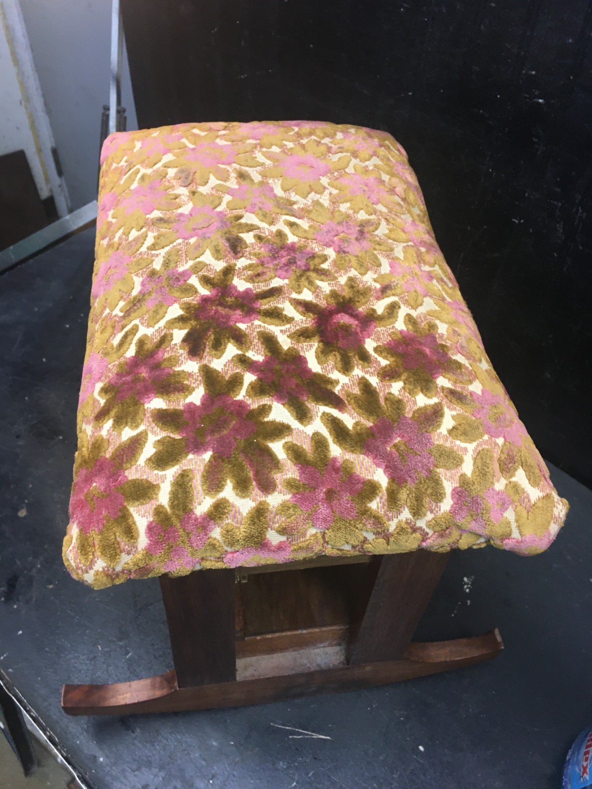 Wood Footstool- Vtg Rocking Floral Tapestry Upholstered Padded Wooden Stool