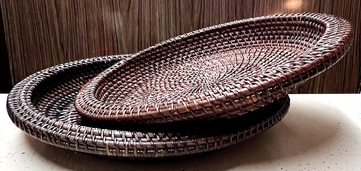 2 Woven Willow Baskets Trays 14"Round X 2" Height Decorative Organizing Storage