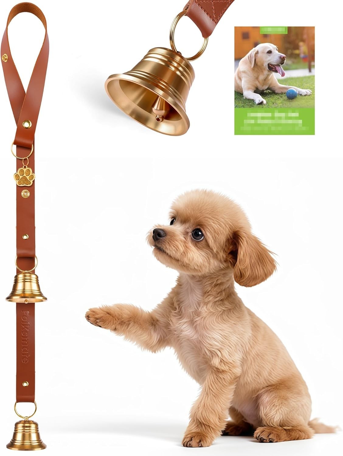 Leather Dog Door Bells for Potty Training, Big Brass Puppy Dog Door Bells Ext...