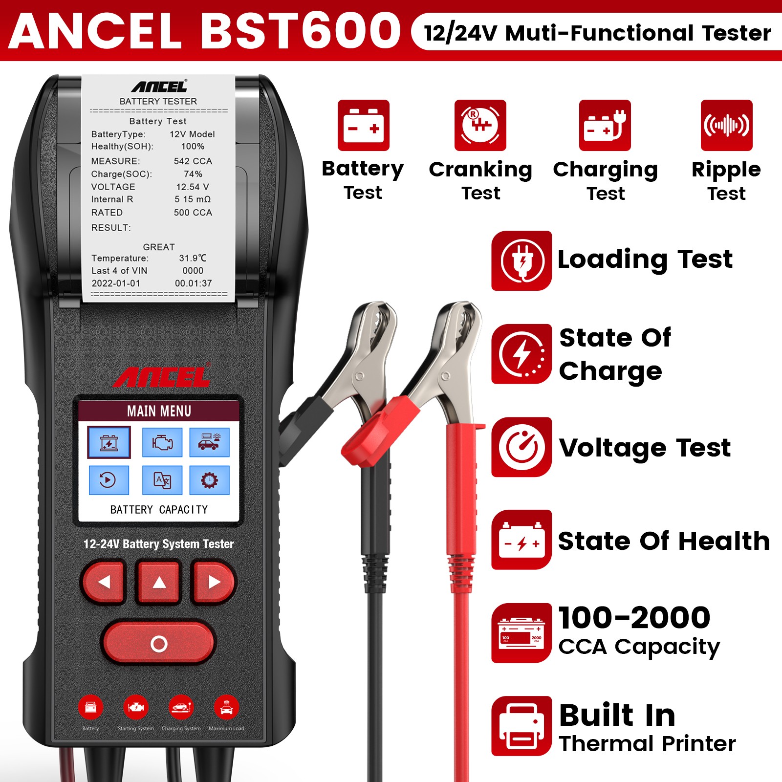 ANCEL 12V 24V Car Truck Battery Tester Analyzer with Built-in Printer BST600