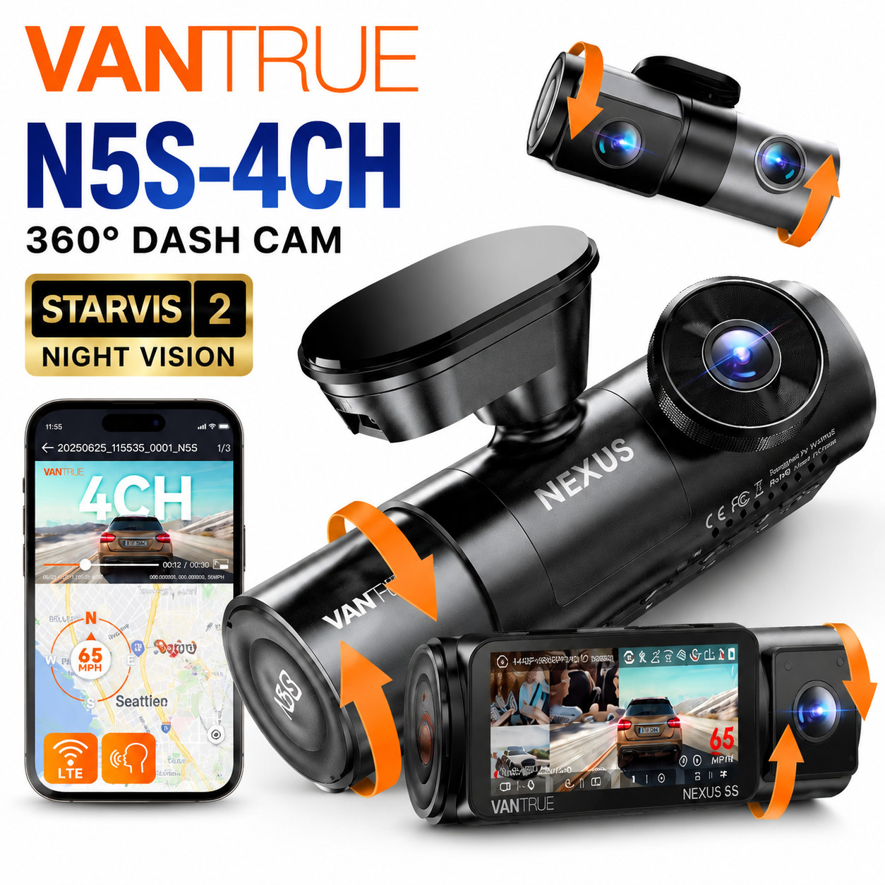Vantrue N5S 4 Channel 360 Degree Dash Cam Night Vision Front Rear Inside Dashcam