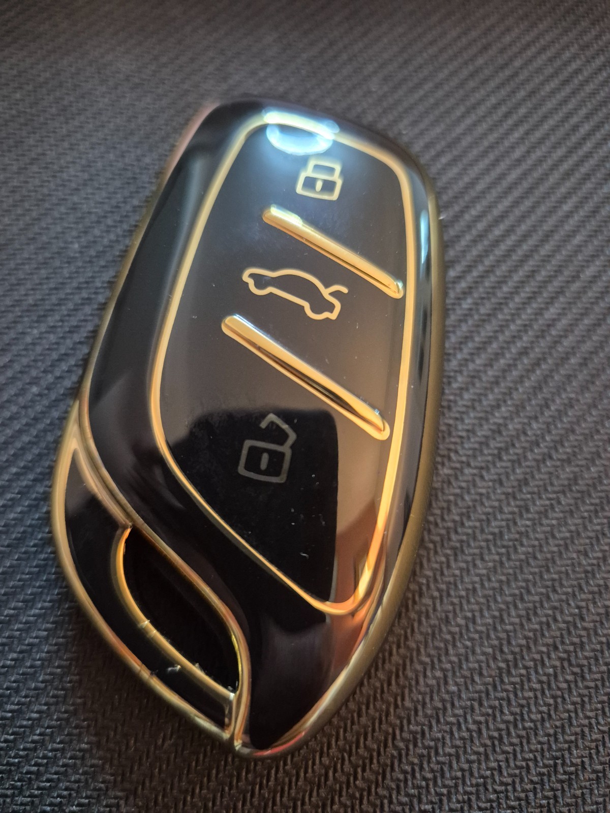 TPU 3 BUTTON CAR REMOTE KEY FOB CASE - BLACK WITH GOLD EDGING