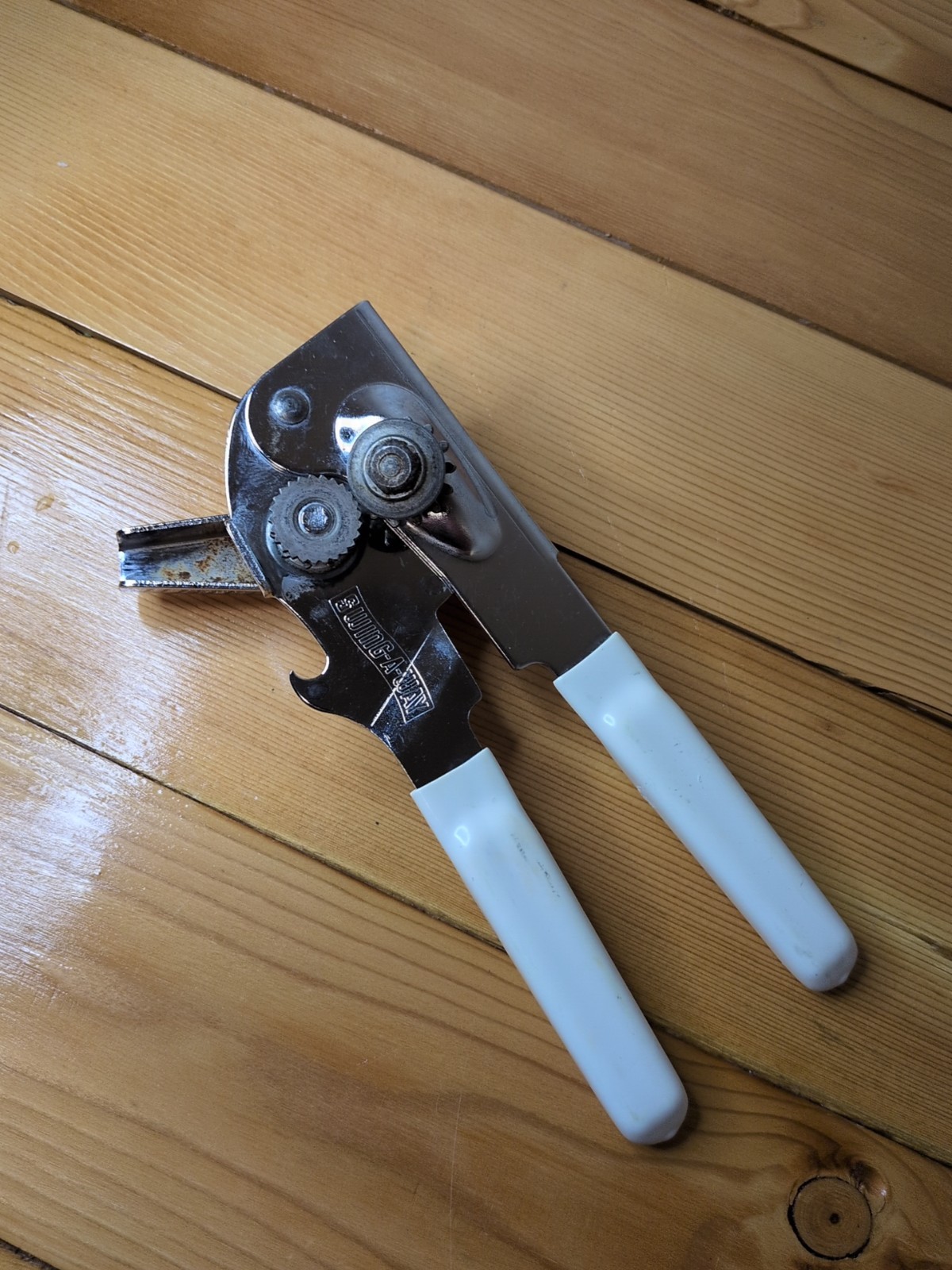 Vintage Swing-A-Way Can Opener White Handle Made in USA Heavy Duty Retro Kitchen