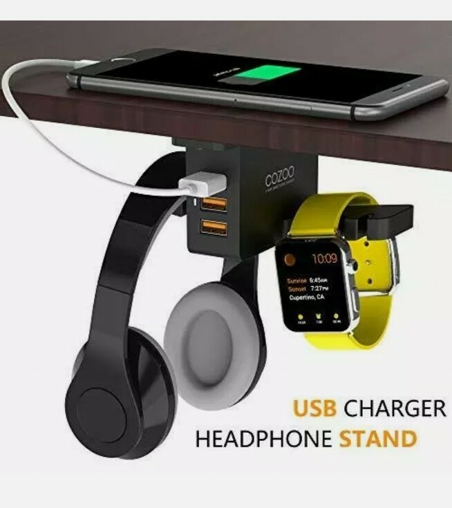 Headphone Stand Charger COZOO Under Desk Holder Mount 3 Port USB Charging NEW