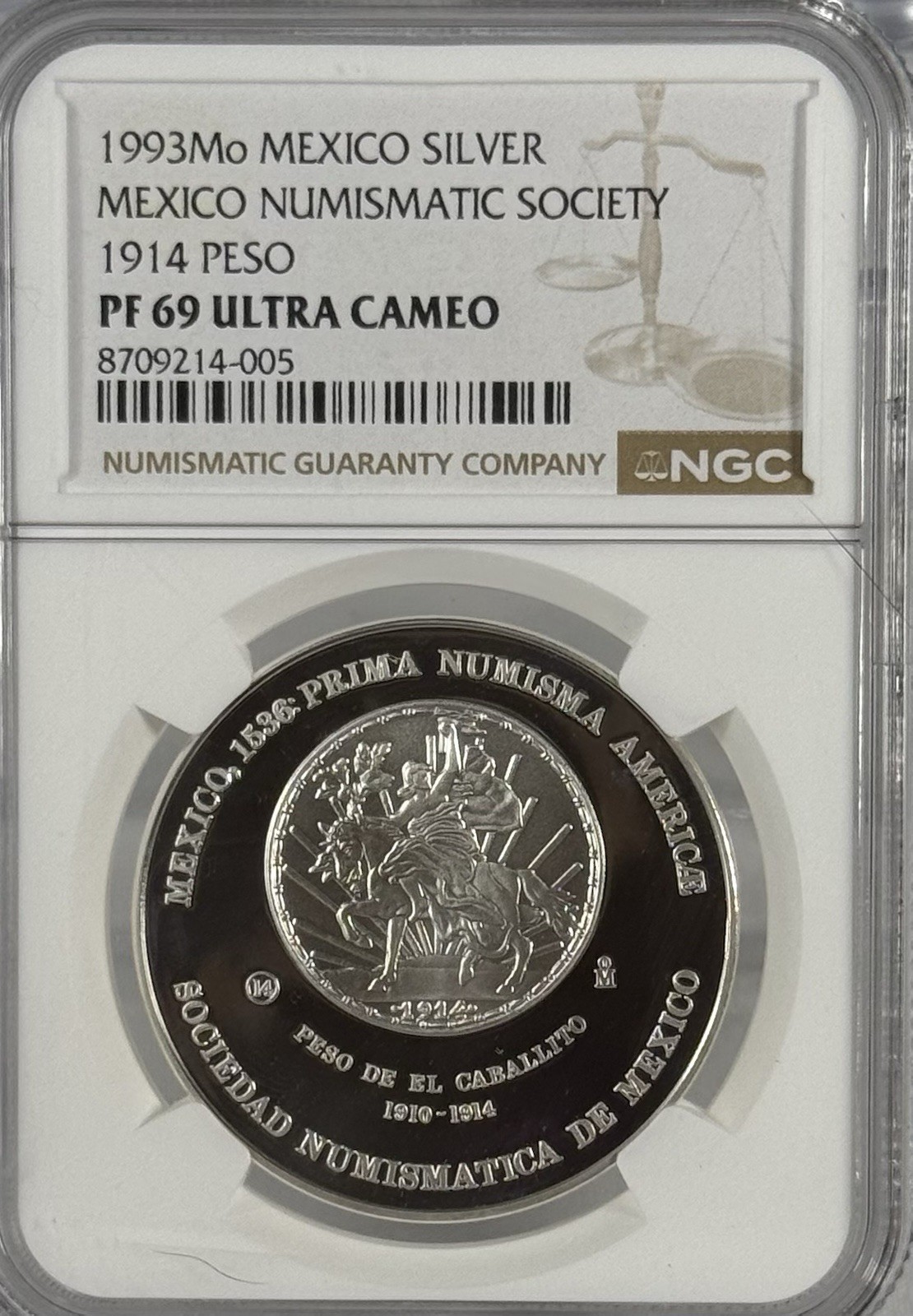 1993 Mexico Silver Medal 1914 Peso Caballito NGC PF69 Ultra Cameo Mintage 150