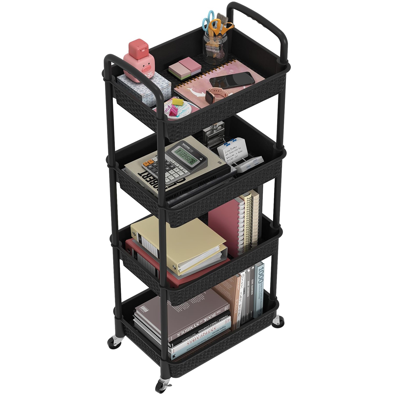 4-Tier Plastic Rolling Utility Cart with Handle, Utility Storage Cart for Off...