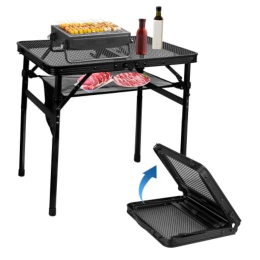 Folding Grill Table, Height Adjustable Aluminum Table with Mesh Desktop and