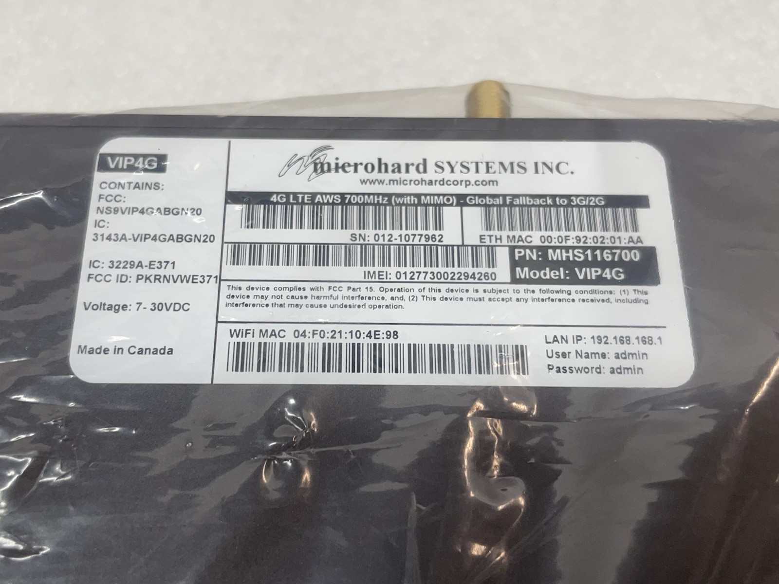 New Open MicroHard Systems VIP4G Cellular Modem MHS116700