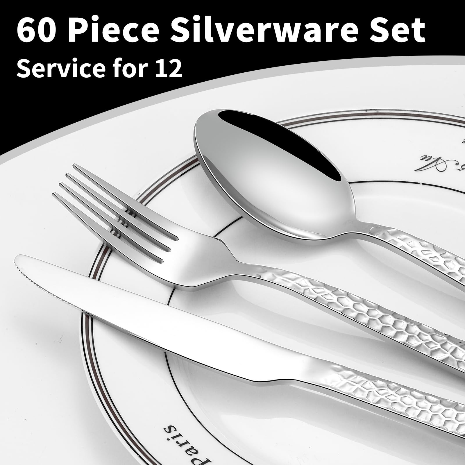 60 Piece Silverware Set for 12, Stainless Steel Hammered Flatware Set, Kitche...