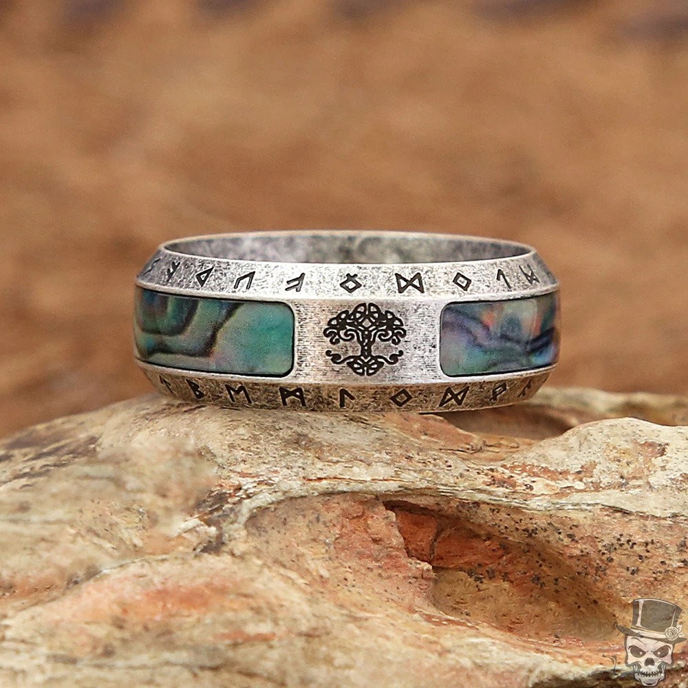 Sculpt Rings™ Yggdrasil Viking Ring - Stainless Steel Norse Tree of Life Abalone