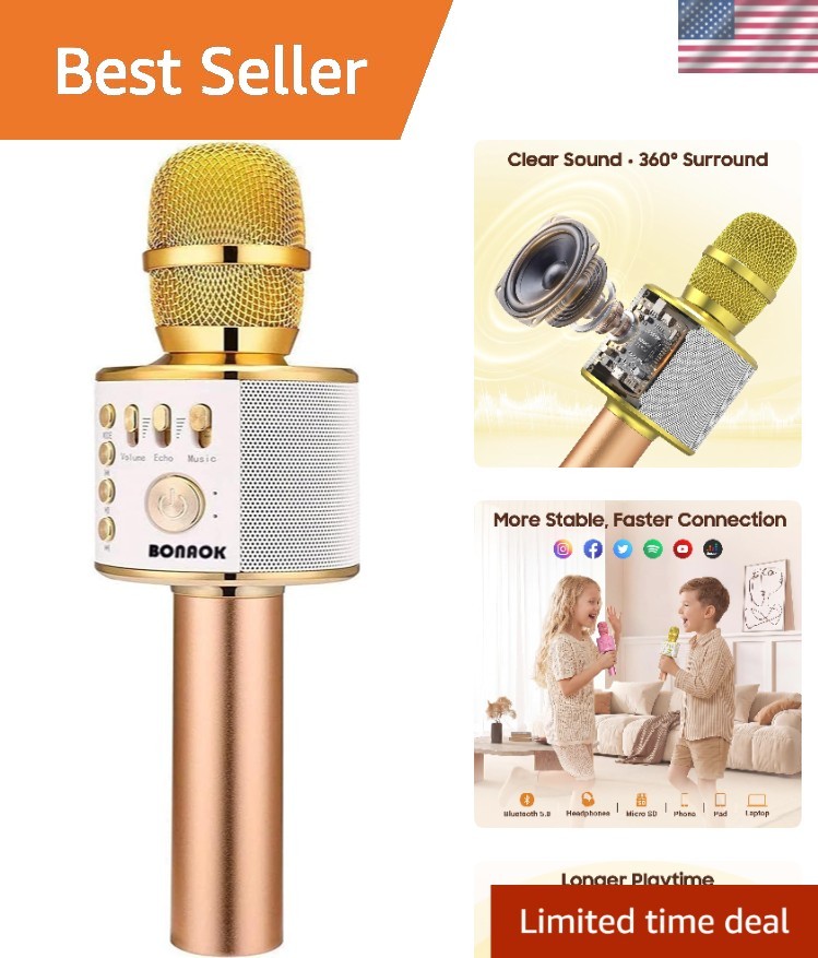 3-in-1 Bluetooth Karaoke Microphone with Speaker - Portable Gold Mic for Parties