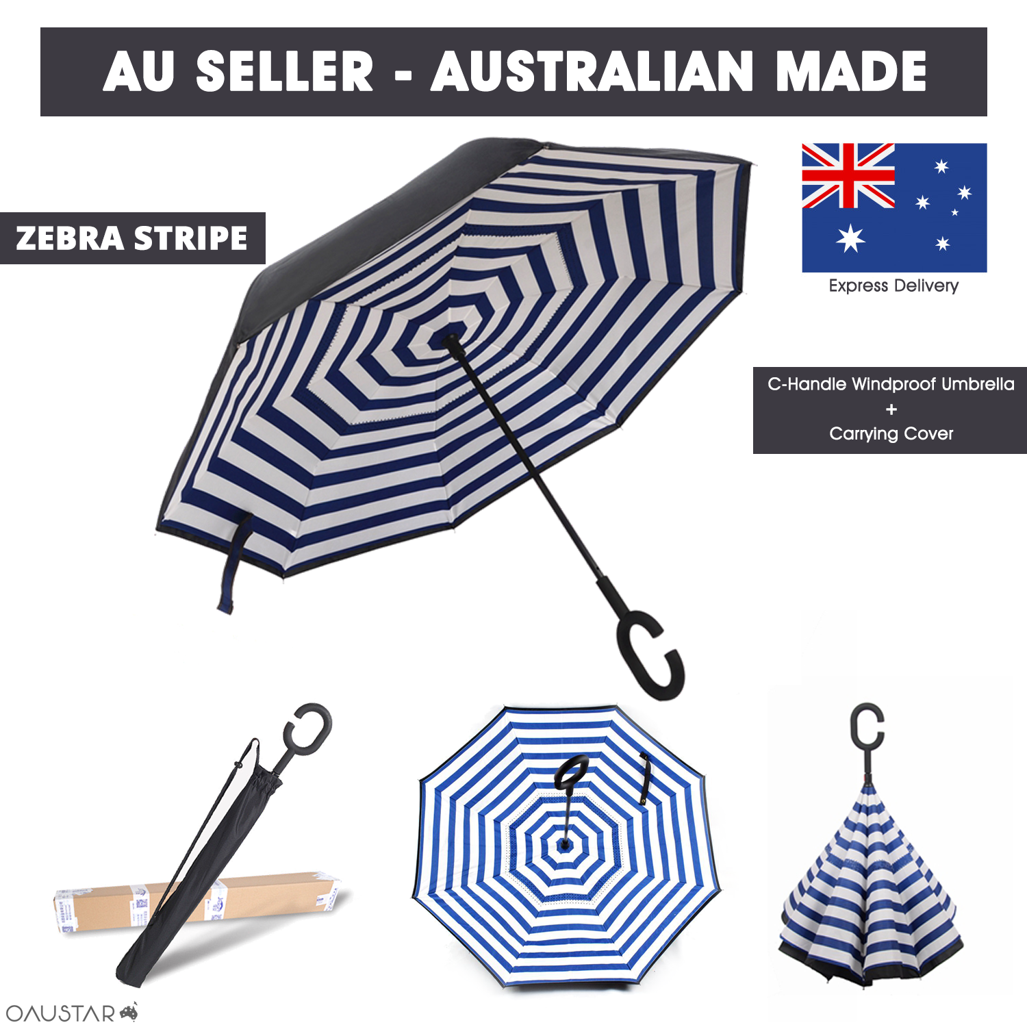 Umbrella -Upside Down-Windproof Inverted Reverse C-Handle Folding with Carry Bag
