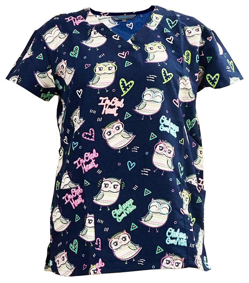 Womens Microfiber Medical Scrub Printed Tops Navy Base Owl Heart S