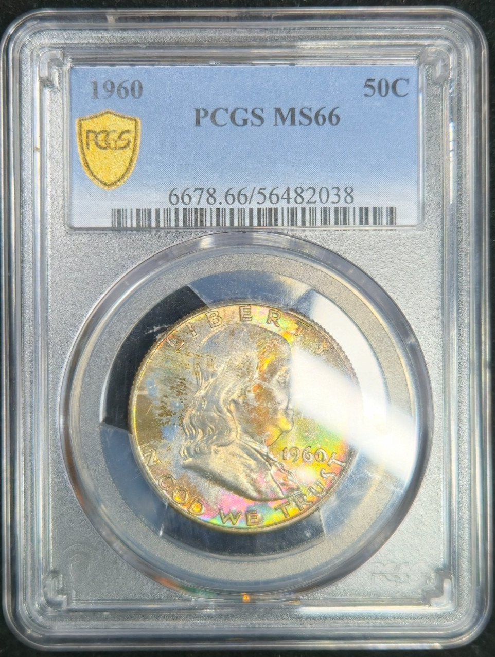 1960 Franklin Half Dollar PCGS MS66 Rainbow Tone Obverse