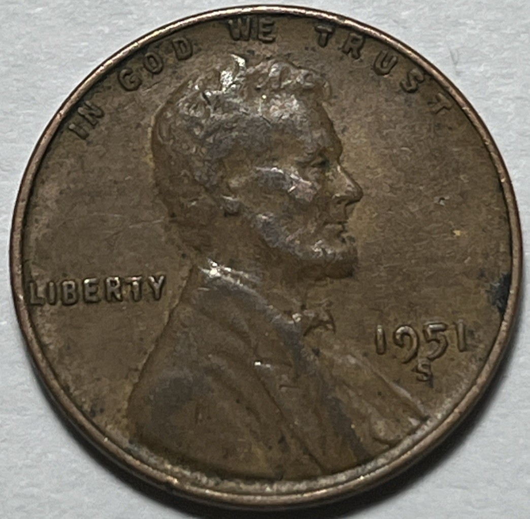 1951 S Lincoln Penny Error Misplaced Mint Mark Error