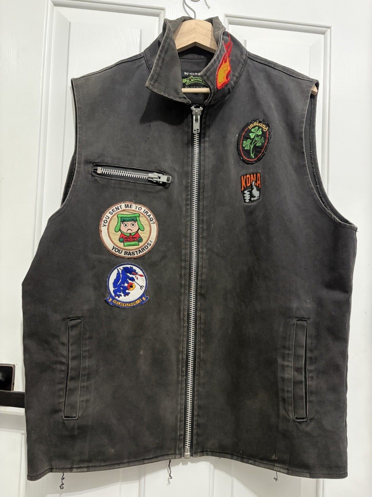 Kona Motorcycle Canvas Black Vest Military Iraq & Custom Patches Size Large