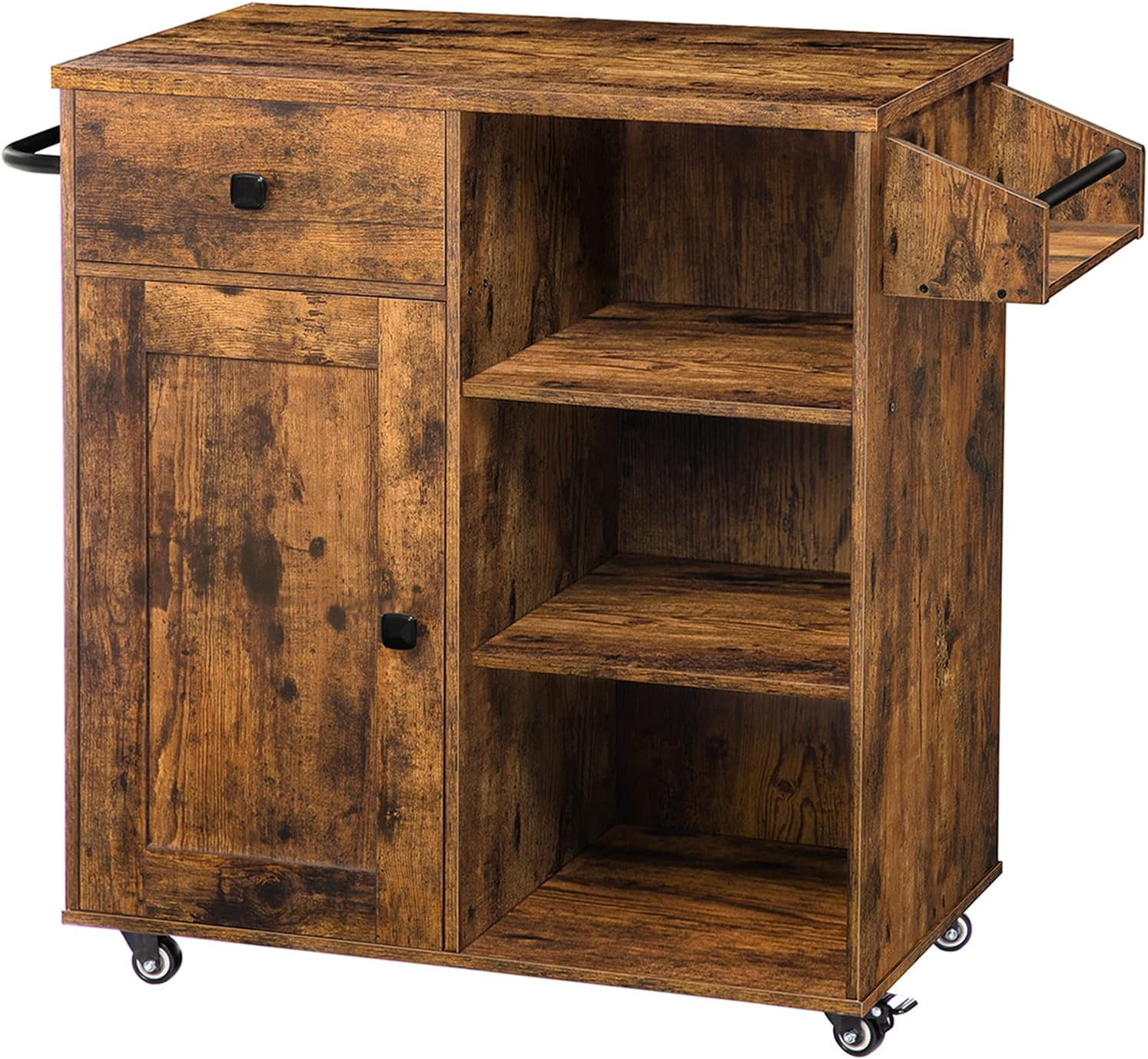Rustic Brown Kitchen Island Cart with Storage, Drawer & Towel Rack
