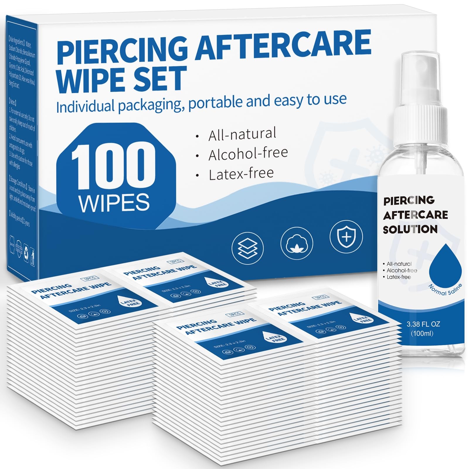 Piercing Aftercare Spray & Wipes Kit: Non-Greasy 101 Count (Pack of 1), Clear