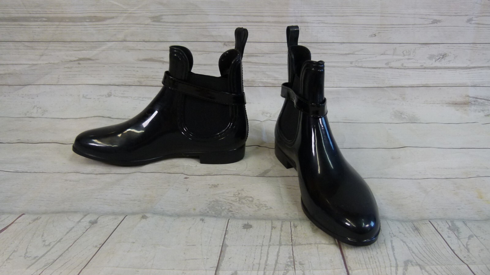 First Sight Women’s Rubber Boots Booties Black Color Buckle Trim Size 39