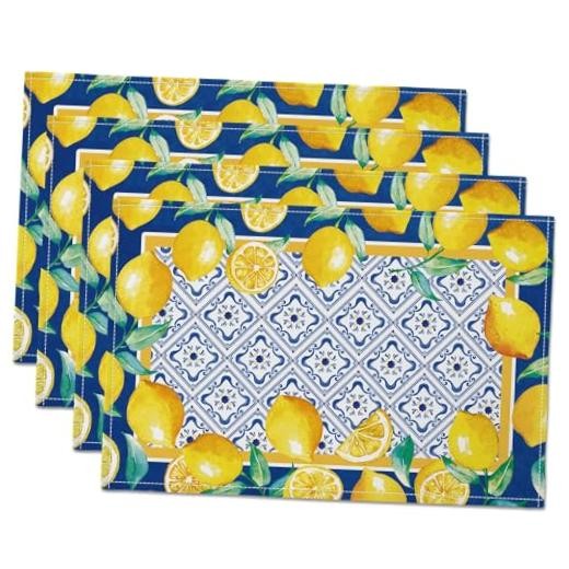 Placemat Blue Tile Burlap Waterproof Rectangular Place 12x18 In Yellow Lemon