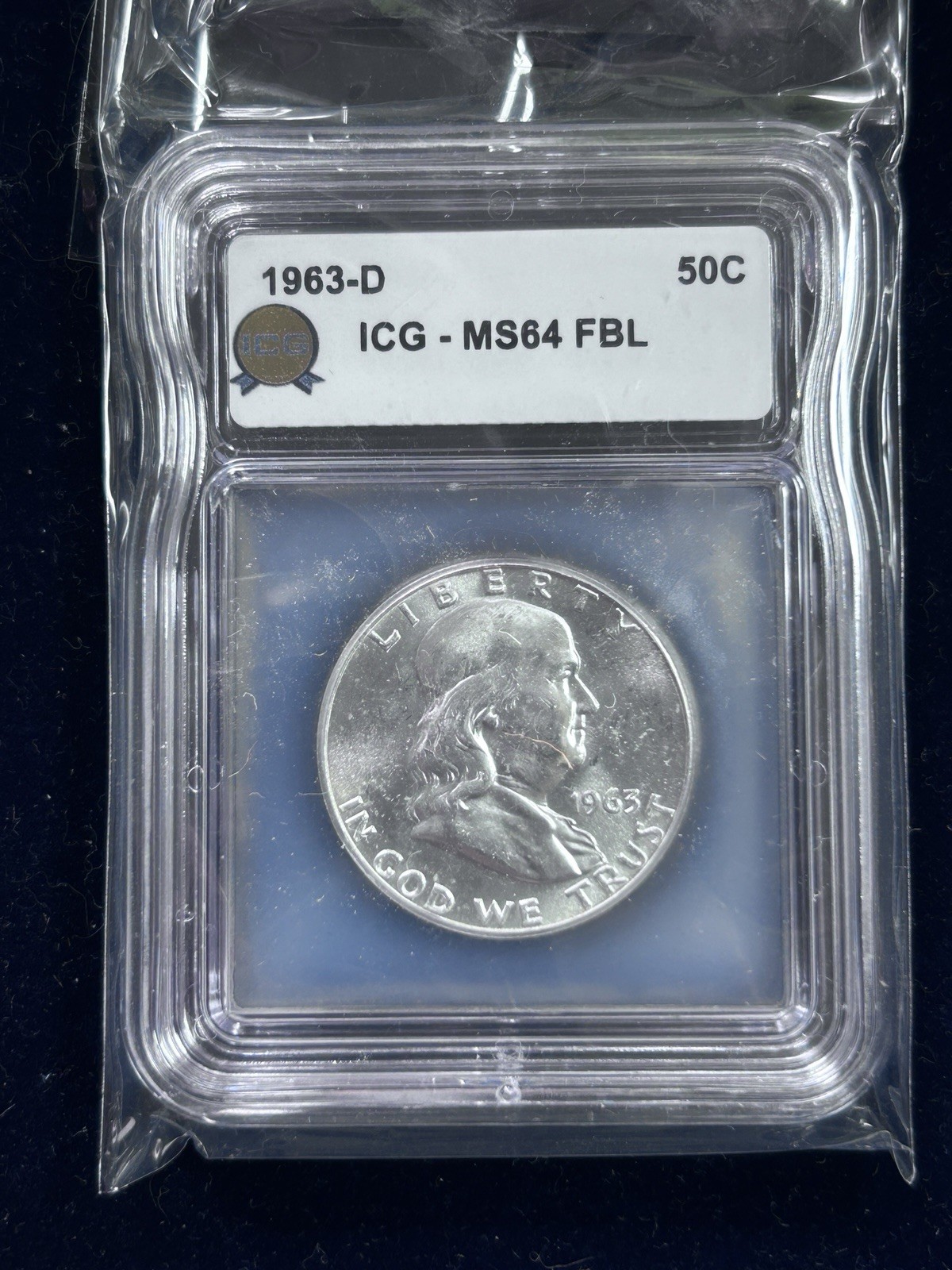 1963-D Franklin Half Dollar 50C, 90% Silver, Business Strike, ICG MS64 FBL