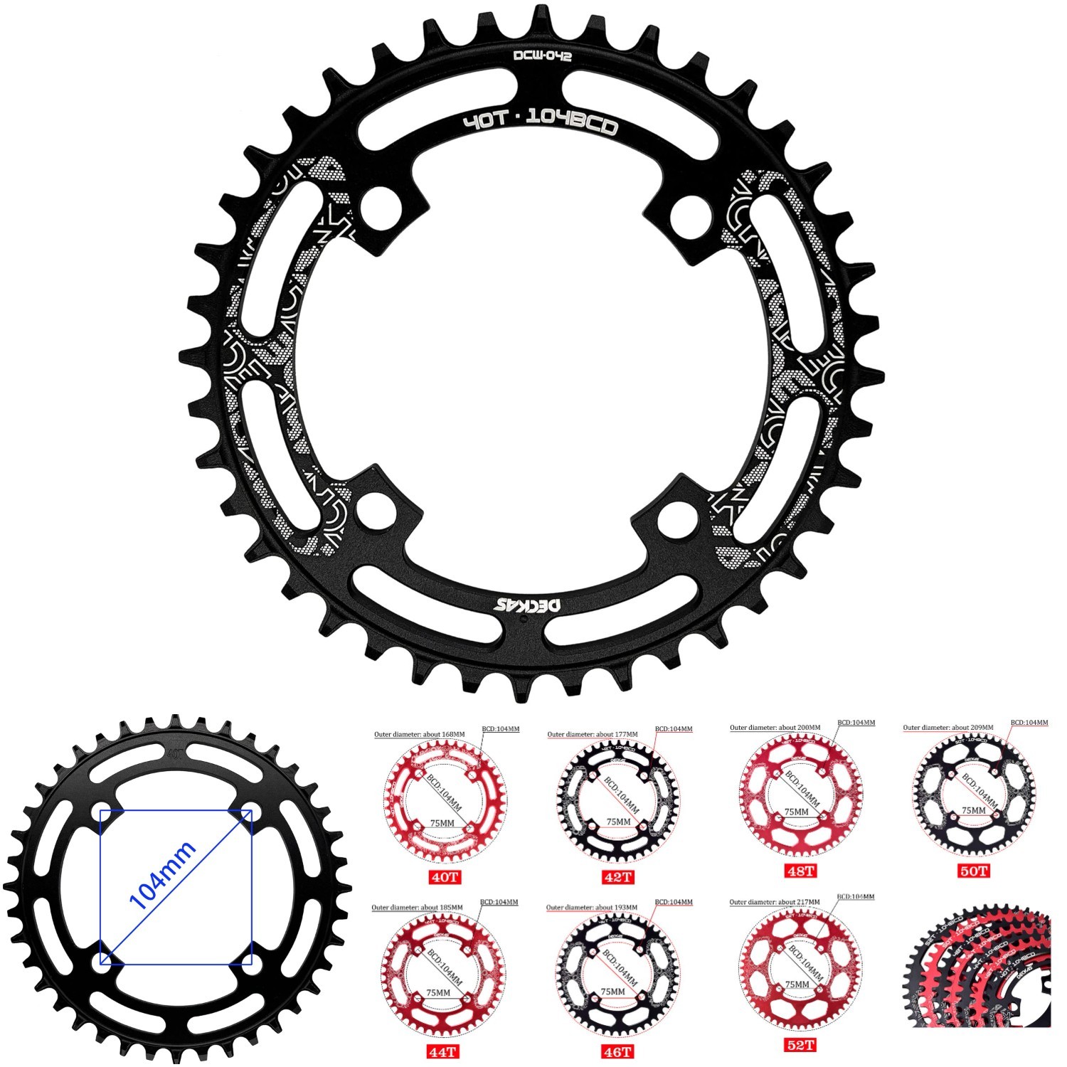 Round Chainring 104BCD 40T-52T Narrow Wide Black Aluminum 7-12 Speed