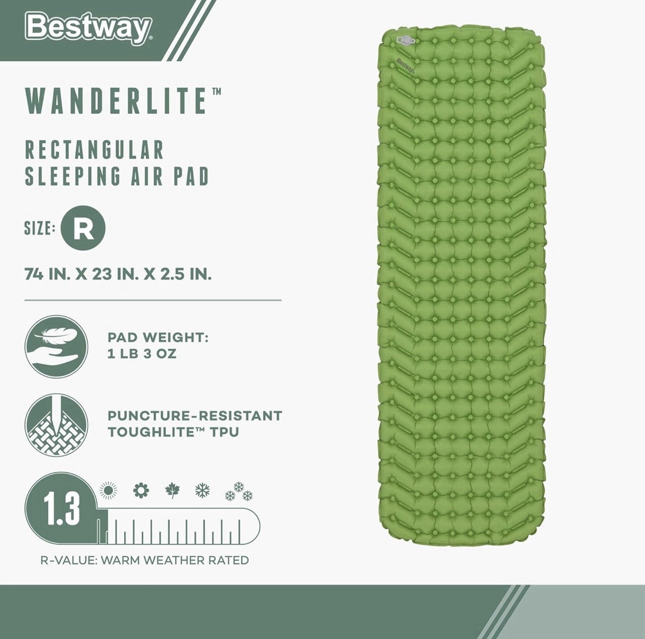 Bestway WanderLite Large Sleeping Air Pad with Storage Bag, Green (Open Box)