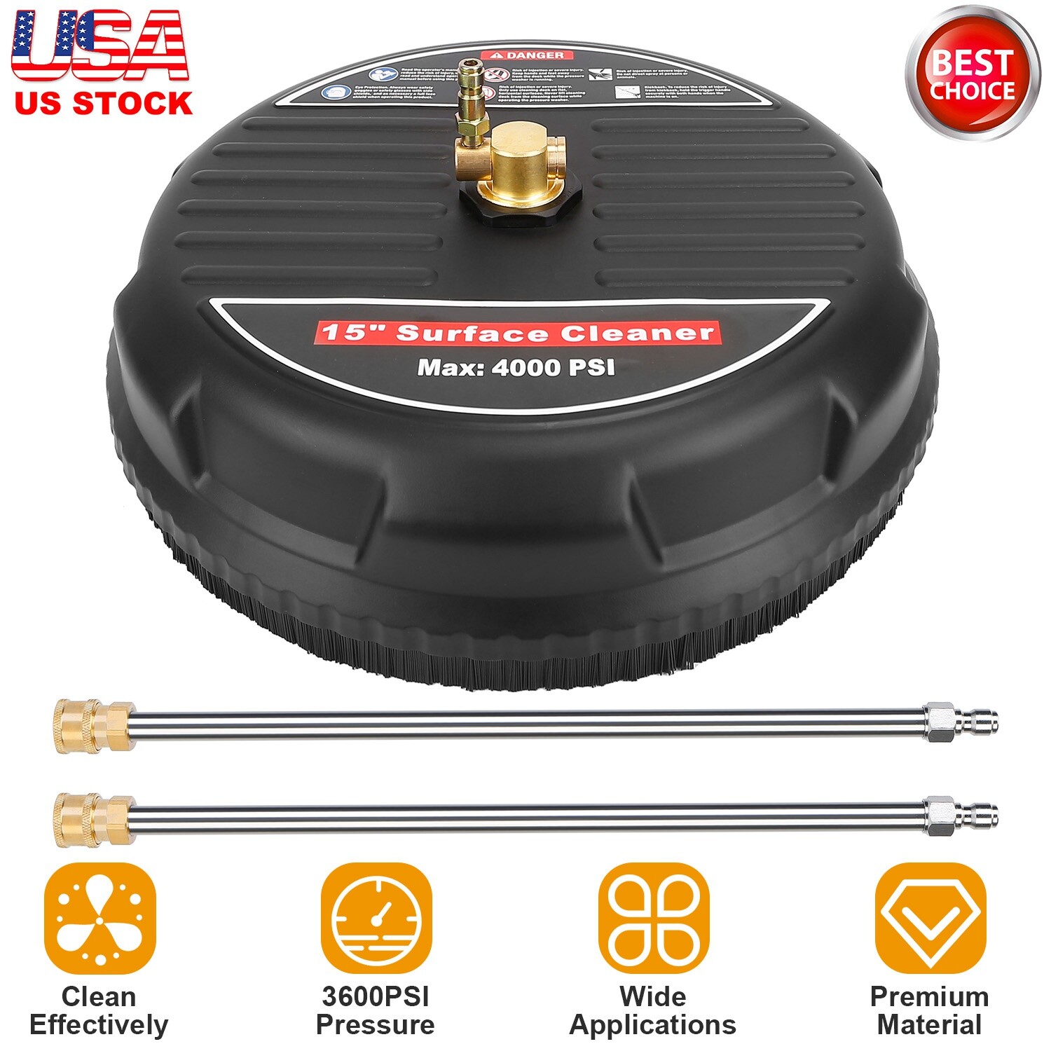 15" Pressure Washer Surface Cleaner with 2 Extension Wand Quick Connect 3600PSI
