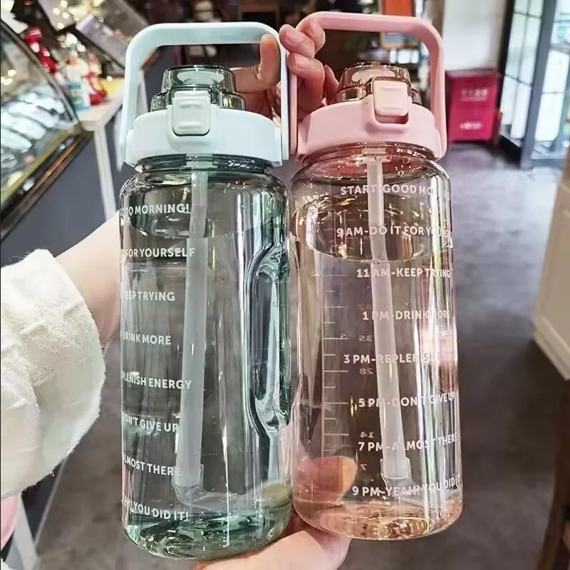 2L Water Bottle  Gym sport Flask With Straw Time Marker BPA Free UK