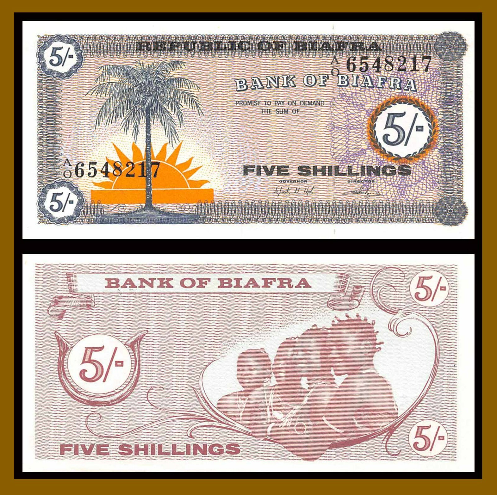 Biafra 5 Shillings 1967 P-1 Palm Tree Banknote Uncirculated Unc