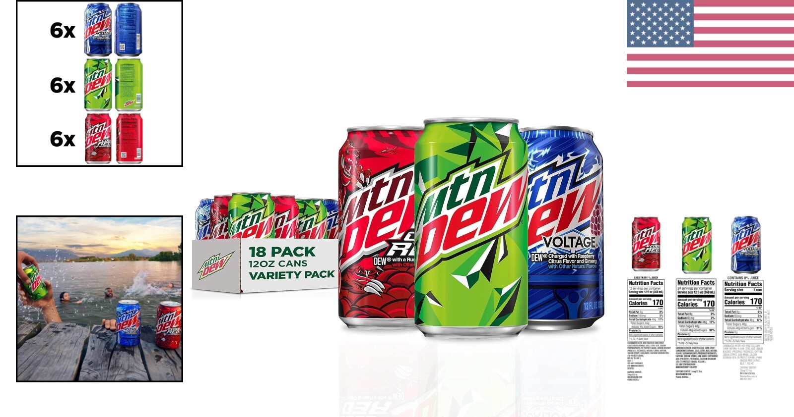 Mtn Dew 3 Flavor Variety Pack: Code Red, Voltage & Original - 12 Fl Oz, 18 Cans