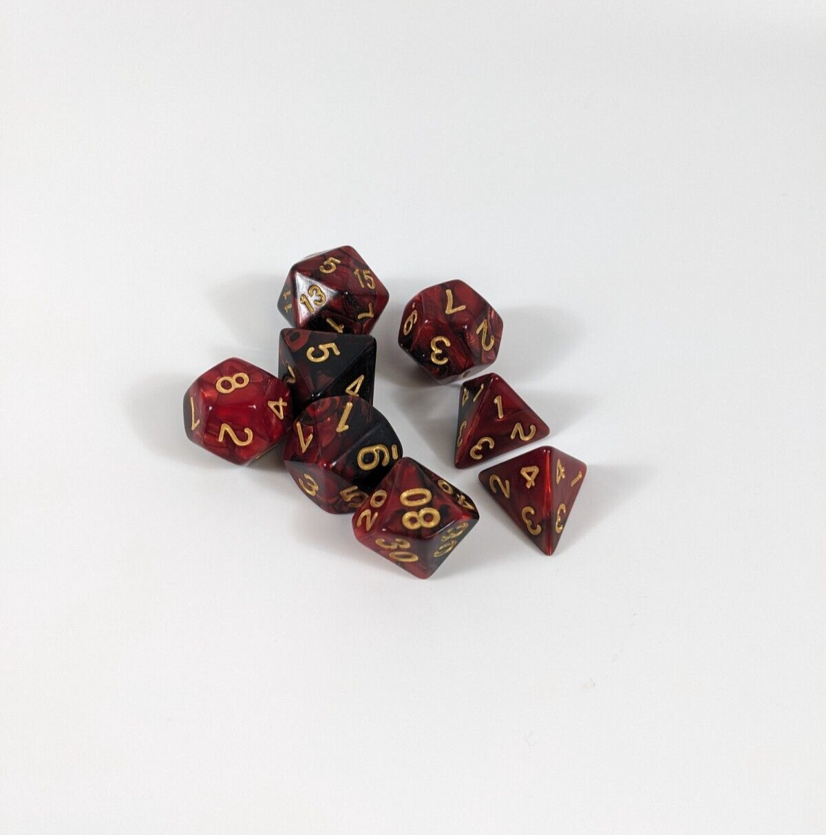 Lot Of 8 Polyhedral RPG Dice Pearl Red Black / Gold Unknown Manufacturer