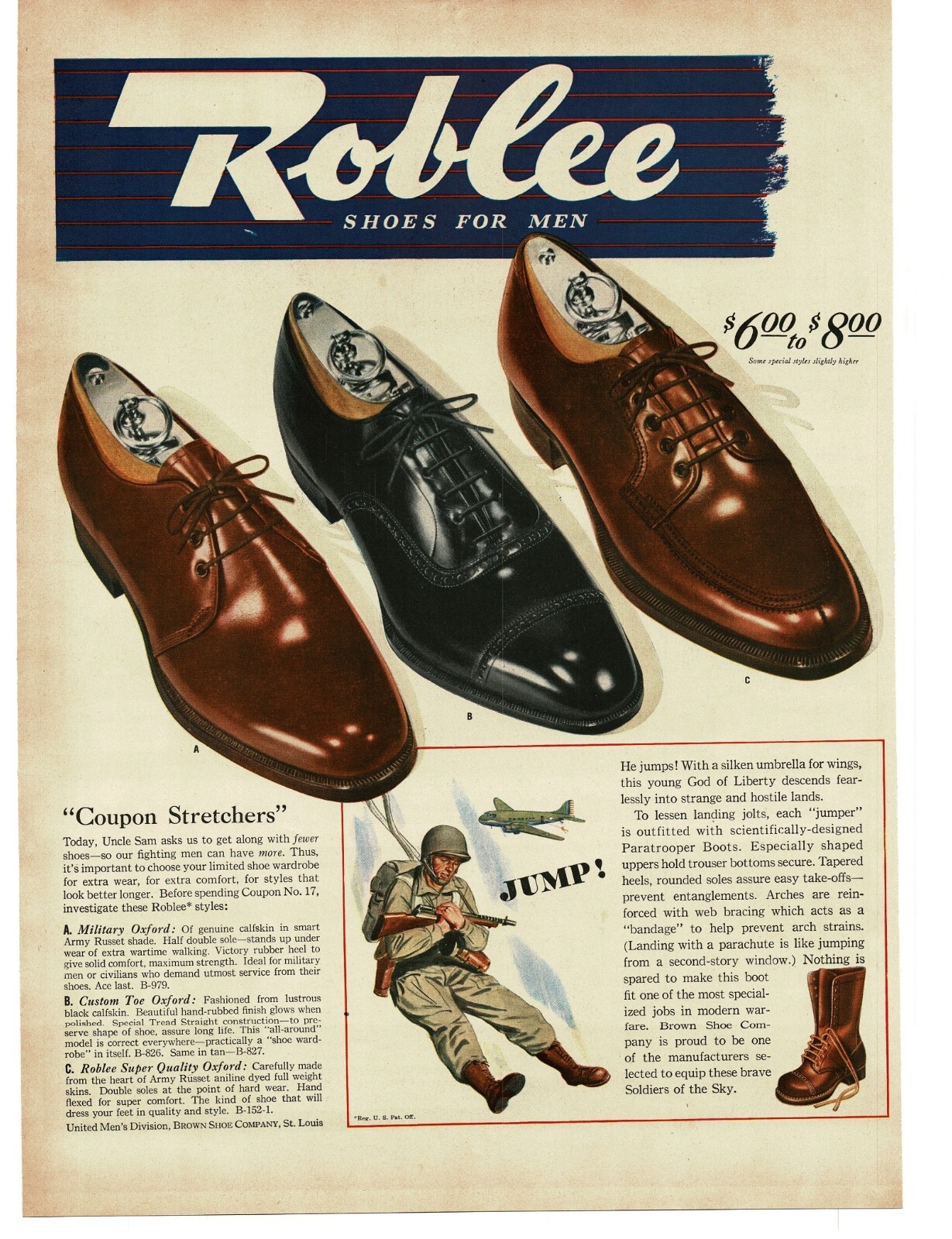 1943 Roblee Shoes For Men Military Oxford Paratrooper WWII Vintage Print Ad