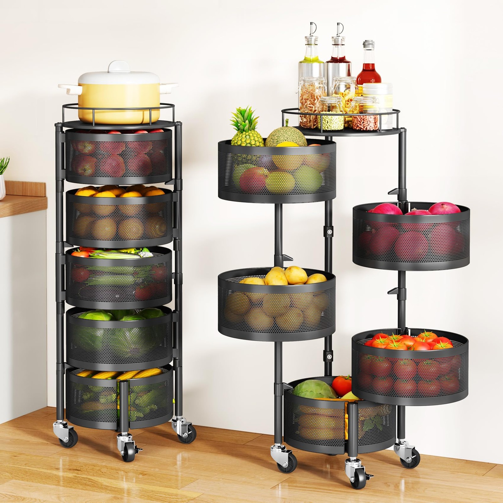 5 Tier Rolling Kitchen Storage Cart Rotating Rack w/Top Lid Black
