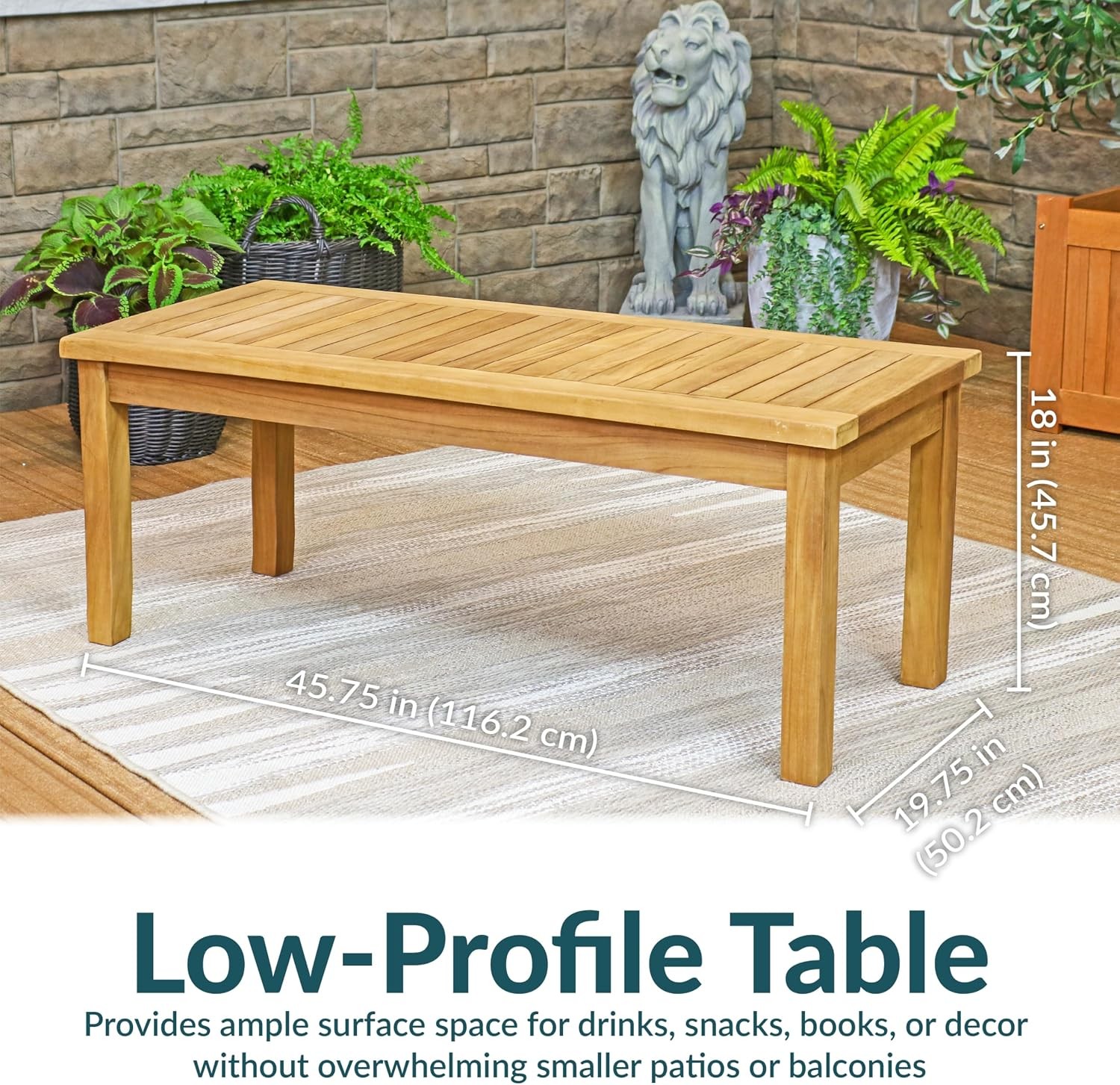 Outdoor Patio Coffee Table Solid Teak Wood 45” W Rectangular Light Brown
