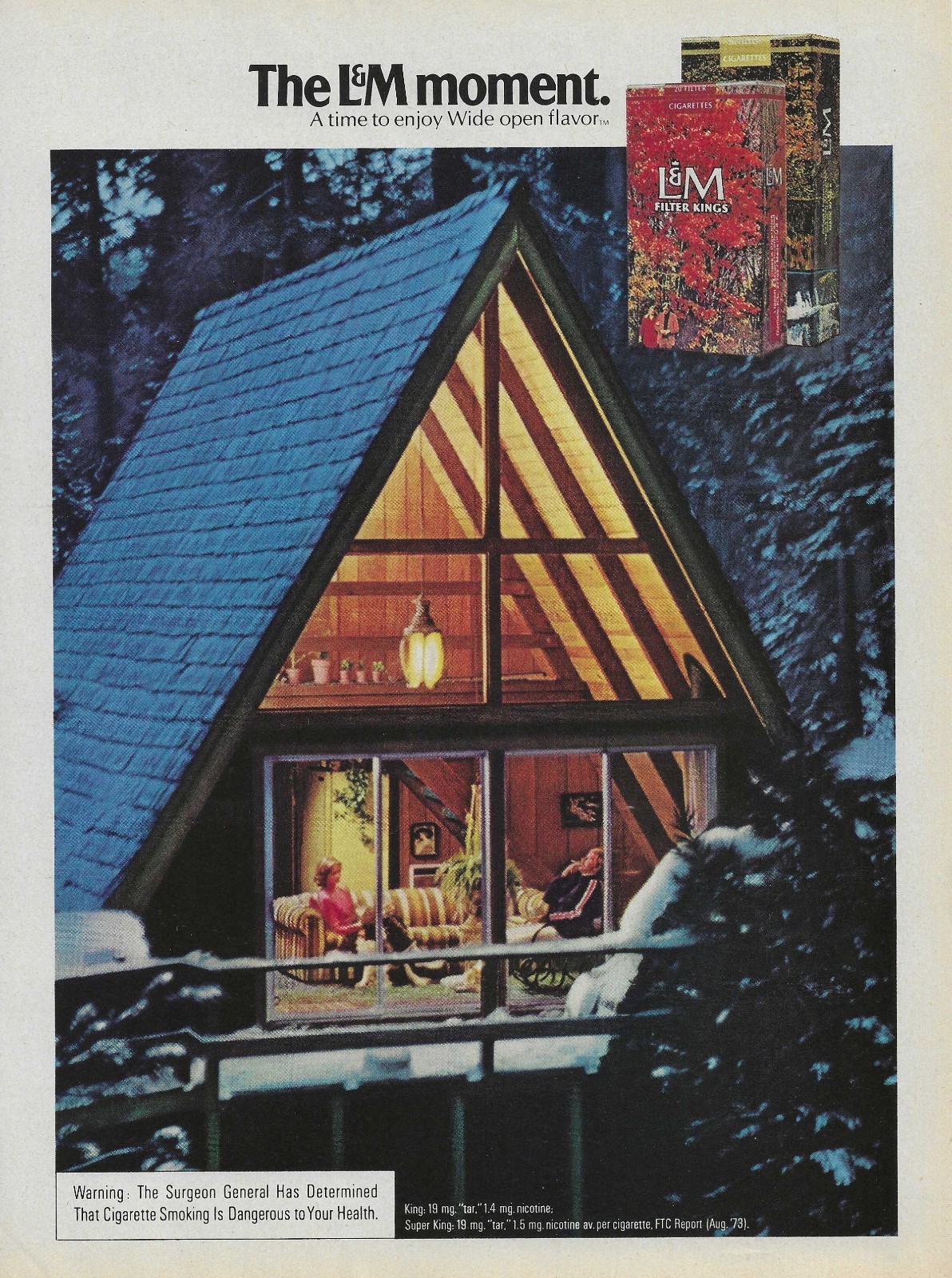 1974 L&M Filter Kings Cigarette Ad A Frame Cabin Lodge Magazine Advertisement 74