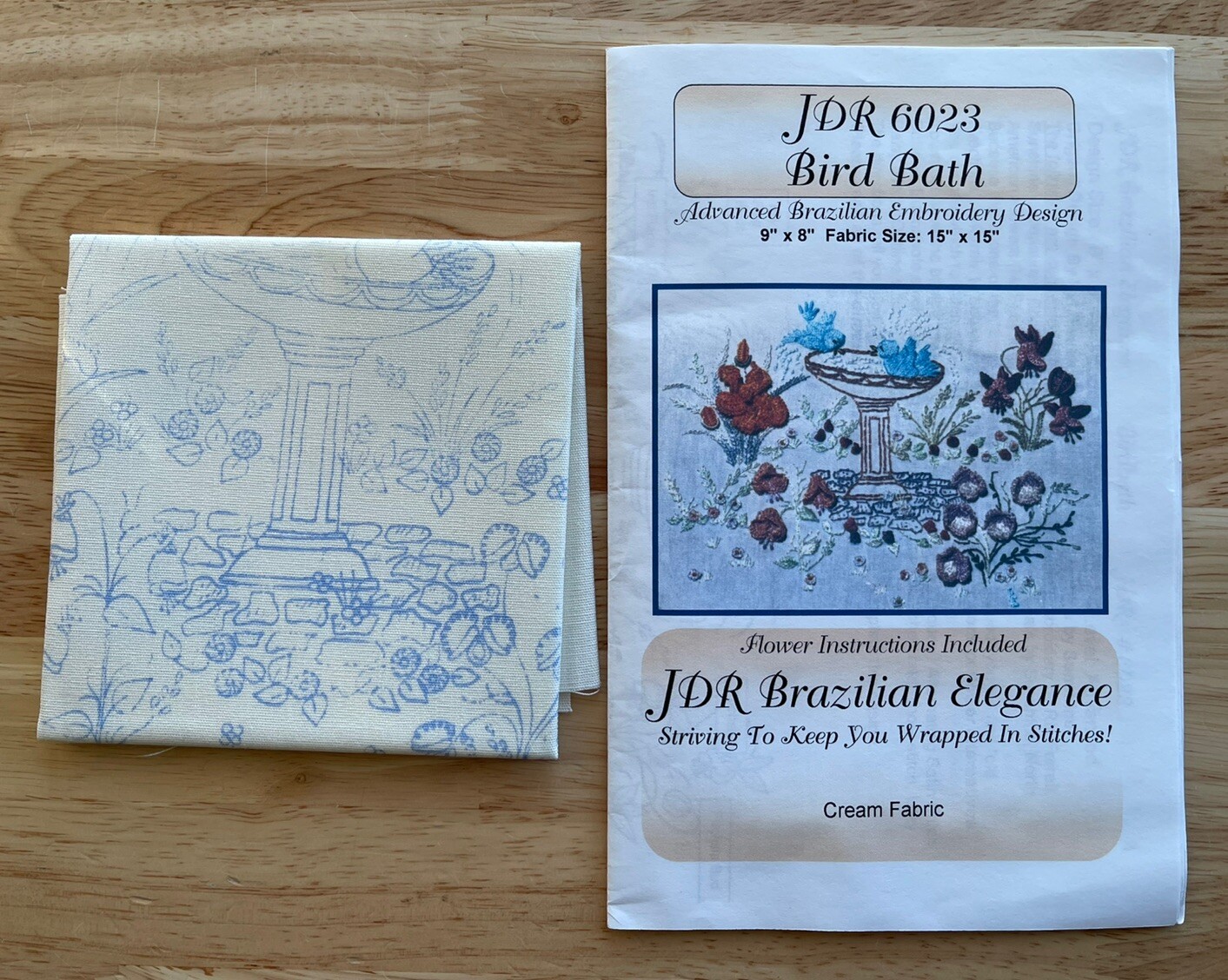 JDR Bird Bath Brazilian Embroidery Pre-Printed Cloth Pattern & Instructions
