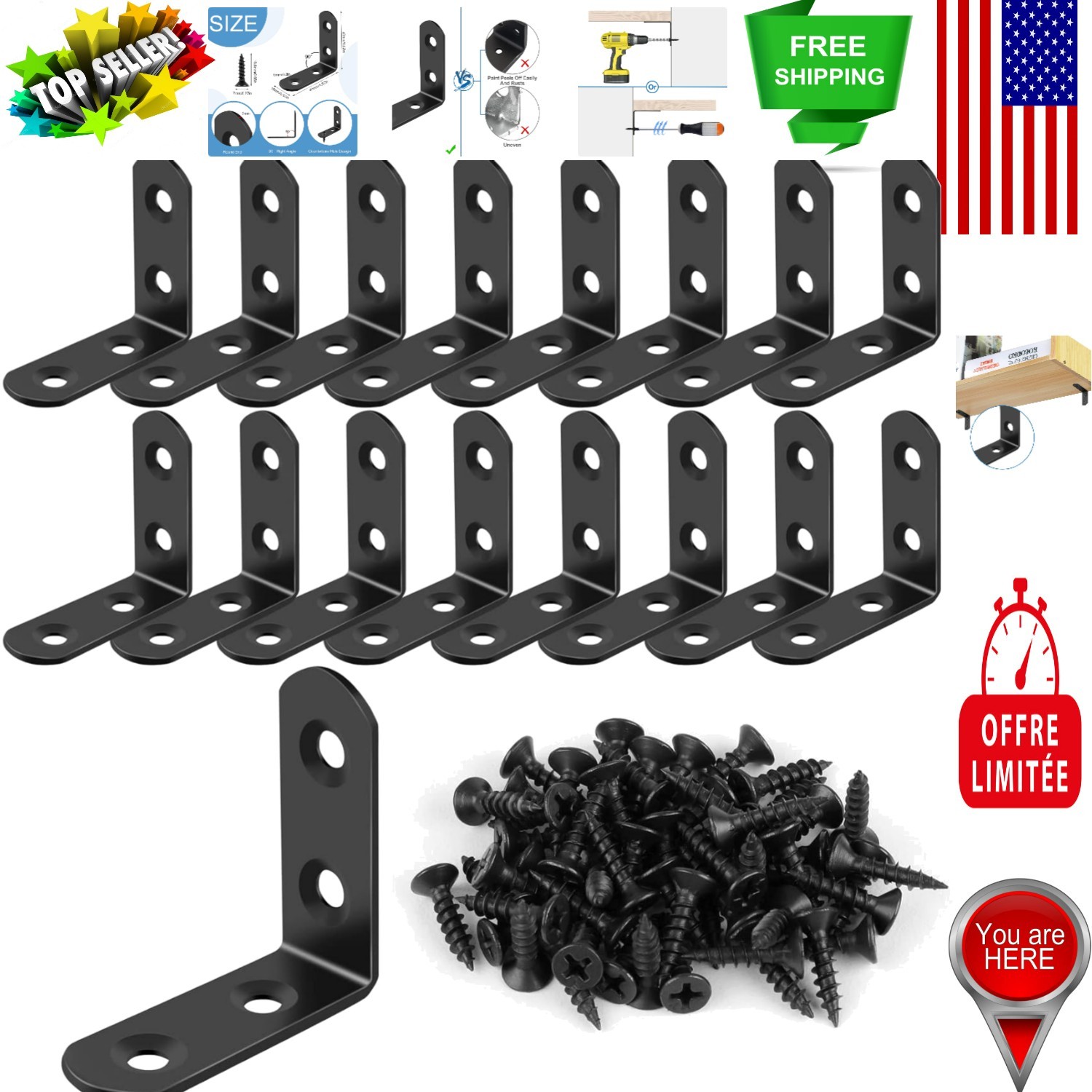 16 Pcs Stainless Steel L Brackets & 64 Screws Set for Furniture Stability