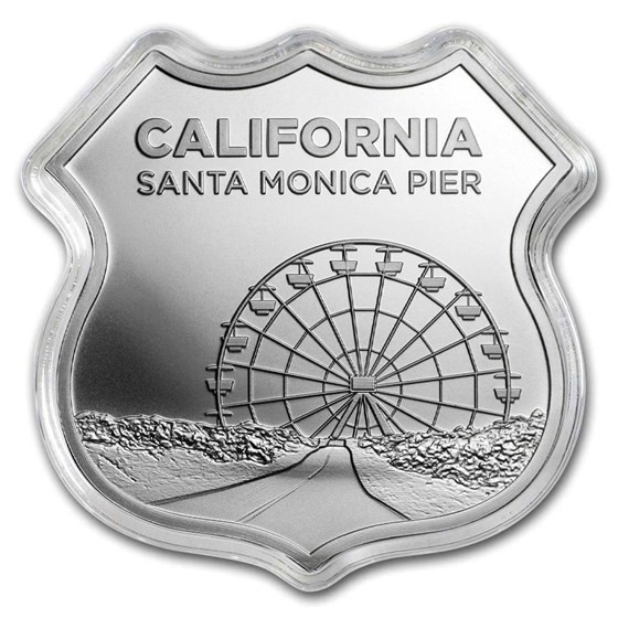.999 1 oz Silver - Icons of Route 66 Shield - California Santa Monica Pier - NEW