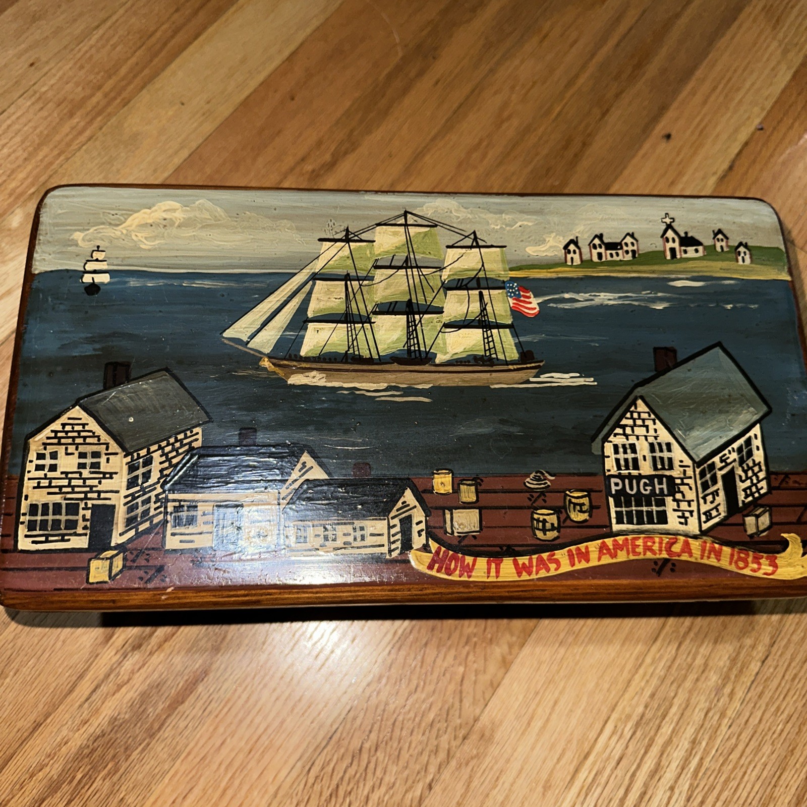 VINTAGE WOODEN HAND-PAINTED FISHING WHARF RECTANGLE STOOL SIGNED 13.5" X 7" X 5"