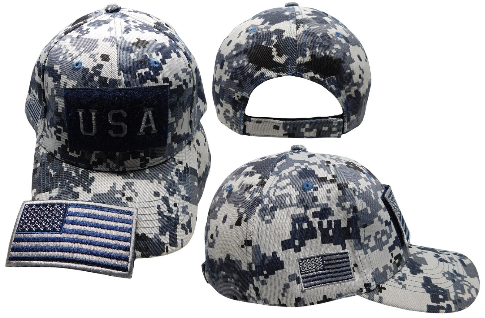 USA Flag Detachable Patch "USA" Navy Blue ACU Digital Camo Embroidered Hat Cap