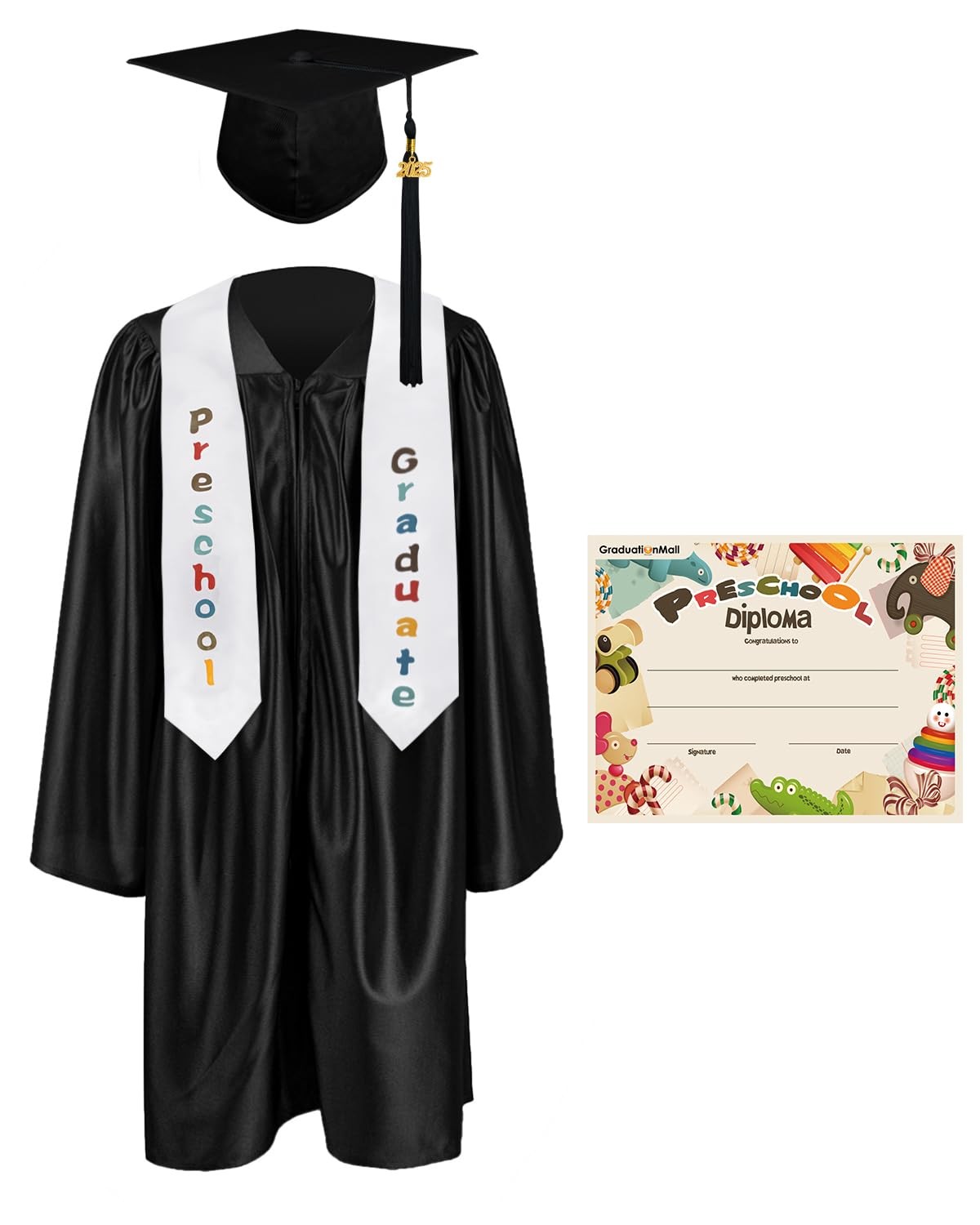 Preschool Graduation Cap Gown Stole Package with 2025 Tassel Certificate