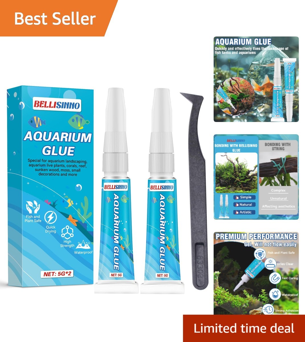 Professional Clear Reef Adhesive for Aquatic Plants & Decorations, 5g*2 Tubes