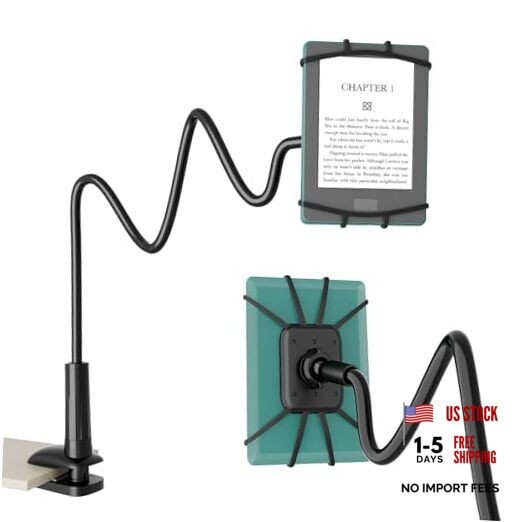 Gooseneck Kindle & Phone Holder for Reading in Bed, Adjustable Cell Black Black
