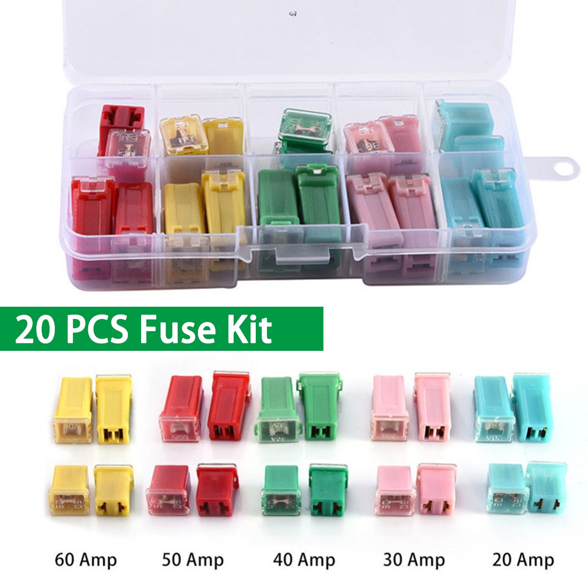 20Pcs Fuses Pack Kit 20A 30A 40A 50A 60A AMP Car Square Assortment Fuse W/Box